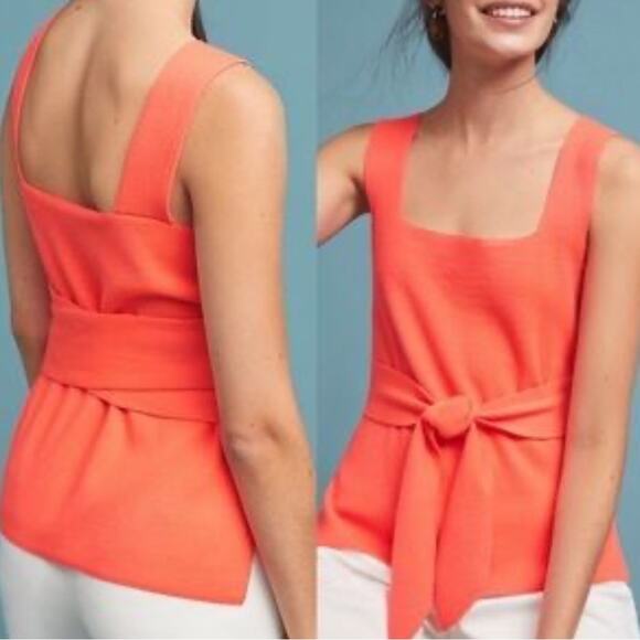 ANTHROPOLOGIE BRIGHT SALMON PINK KNITTED CROP TOP - Picture 1 of 16